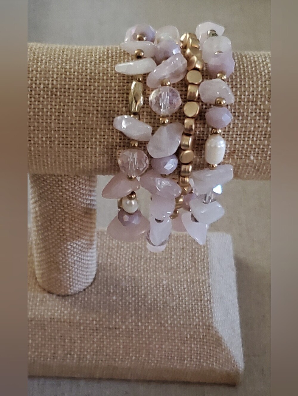 Multi Strand Rose Quartz Pearl Crystal Beaded Bracelet Gold Tone Boho Chic OS